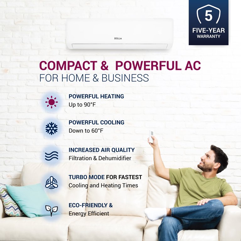 DELLA 12000 BTU Wifi Enabled 21 SEER Cools Up to 550 Sq.Ft 208-230V Energy  Efficient Mini Split Air Conditioner u0026 Heater Ductless Inverter System,  with 1 Ton Heat Pump (QC Series) - Walmart.com