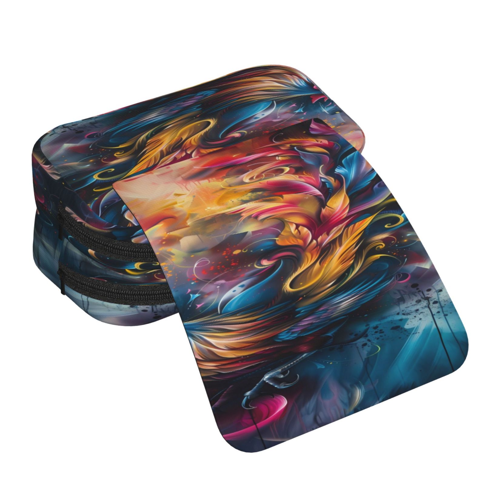 Rateoe Vibrant Rooster Painting Pattern Double Clamshell Pen Case, Storage Organizer with Two Zipper Compartments– Holds Up to 50 Pencils & Pens