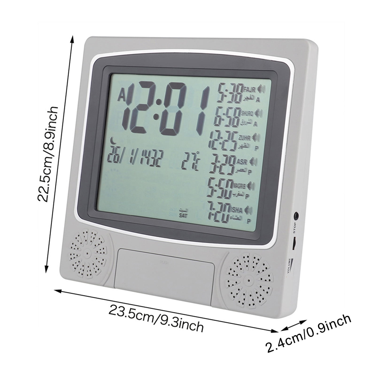 NFTIGB Digital Azan Clock Prayer Timer for Muslim Prayer with 1500 Cities World Time 9.3 x 8.9 inches / 23.5 x 22.5 cm Desktop Alarm Clock with Temperature and Calendar Display