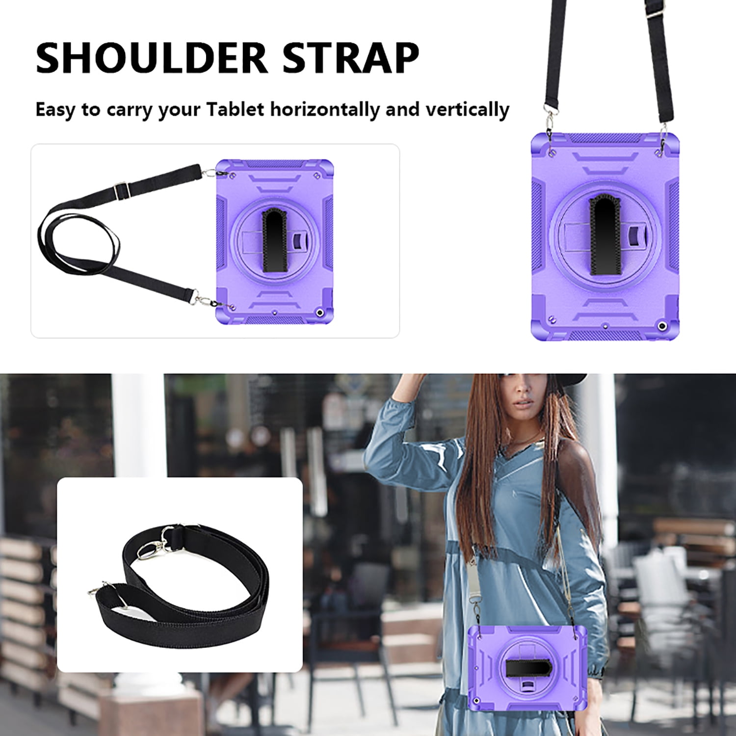 Shockproof Case for Apple iPad 9th/8th/7th Generation, with Pencil Holder Military Grade Protection Rotating Stand Hand Strap Shoulder Strap Bumper Rugged Case for iPad 10.2" 2021/2020/2019, Purple