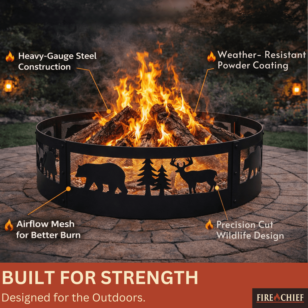 Fire Chief 36 Inch Fire Pit Ring – Heavy Duty Wood Burning Fire Ring Insert with Decorative Wildlife Design – Outdoor Steel Campfire Bonfire Pit Insert for Backyard Patio Camping