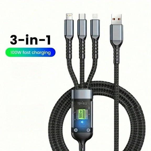 Smart charging assistant! 3-in-1 fast charging cable, 100W flash charging cable, 1.2 meters long, compatible with multiple platforms, leading the way and improving usage efficiency.