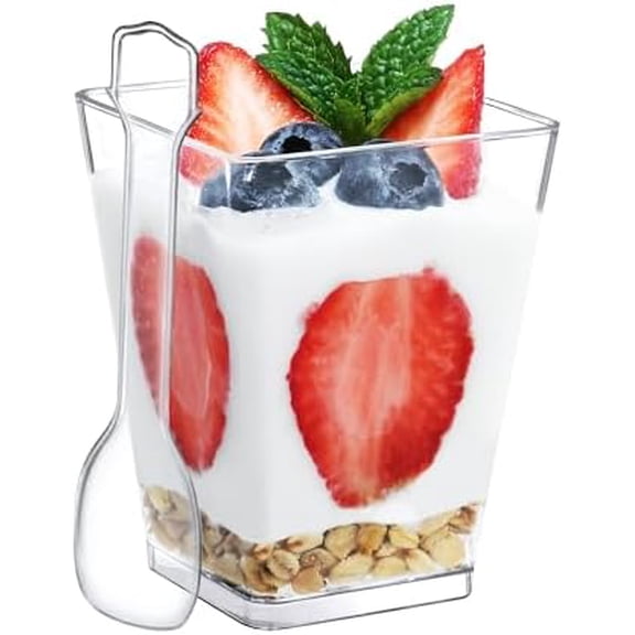 5 Oz-Plastic-Dessert-Cups: 30 Pack Square-Clear-Cup-with-Spoons, Small Parfait-Cup Mini Plastic Appetizer Shooter Cups for Party Yogurt Mousse