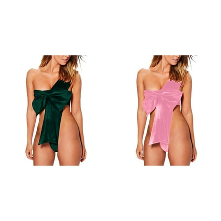 Lojoutye 2 Pack(Pink 1PCS & Green 1PCS) Multipack Sheer Dress for Women Red Women Festival Bowknot Backless Bodysuit