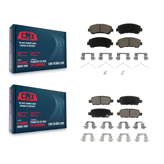 CMX Front Rear Ceramic Brake Pads Kit for Car Nissan Rogue Sentra Maxima Juke Select KCX-100304. The image displays two sets of ceramic brake pads with included hardware, accompanied by CMX-branded packaging. This kit fits front and rear positions on specific Nissan models, such as 2014-2017 Juke Nismo RS, 2014-2015 Rogue Select, 2009-2014 and 2016-2022 Maxima, 2008-2013 Rogue, and 2007-2012 Sentra SE-R Spec V. Key features include CeramiX™ high-density ceramic compound for enhanced braking performance, rubberized multi-layer stainless steel shims for noise and vibration reduction, and High Carbon SteelRX™ alloy with anti-rust black paint for extended durability.