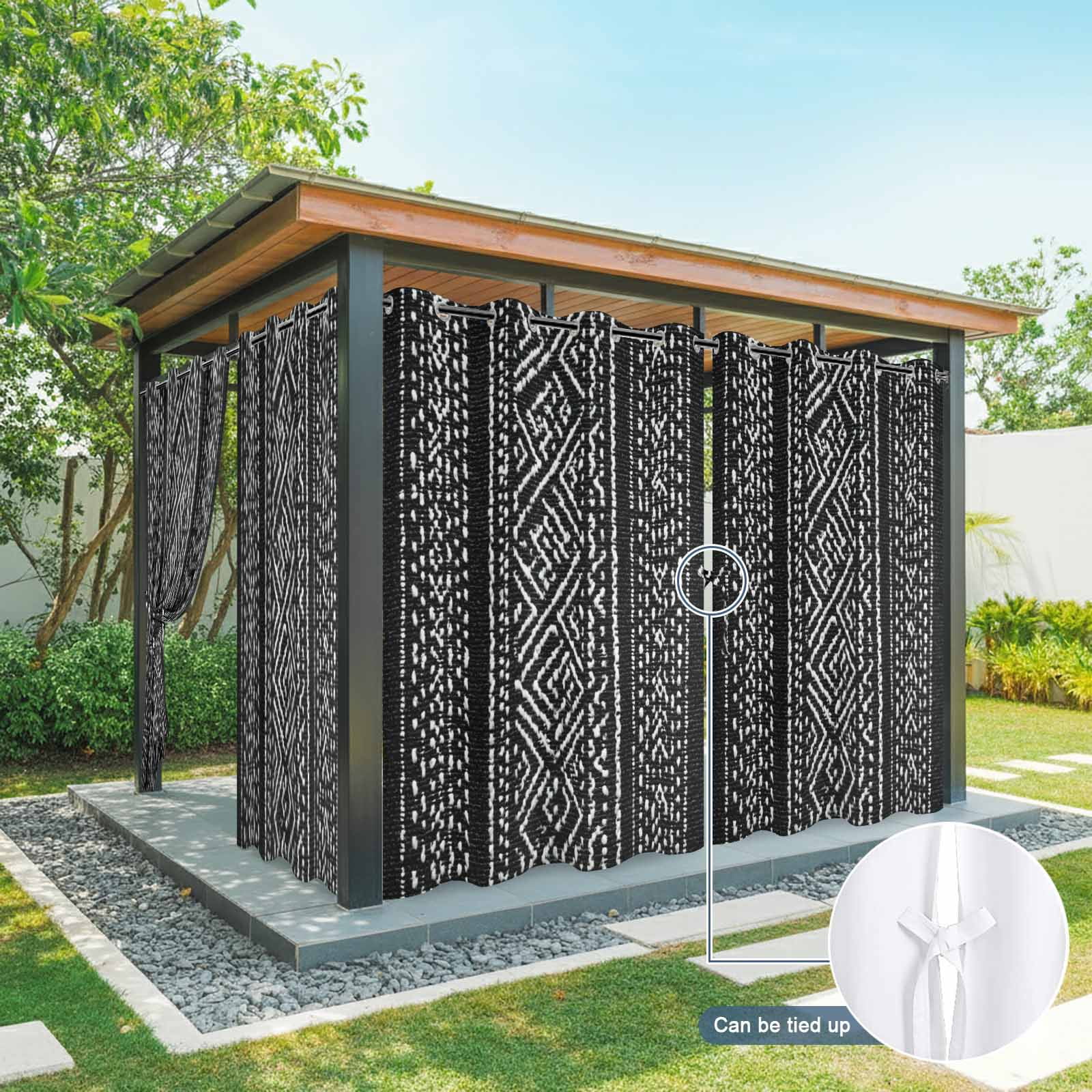 Black and White Geometric Outdoor Curtains for Patio, Boho Ethnic Stripe Woven Texture Sunshade Privacy Drapes Grommet Waterproof Outside Curtains for Porch/Cabana/Balcony 54"x 108", 1 Panel