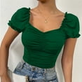 thumbnail image 6 of Annhoo Womens Summer Crop Tops Pleated Puff Square Neck Short Sleeve Shirts Slim Vacation Going out Blouses, 6 of 9