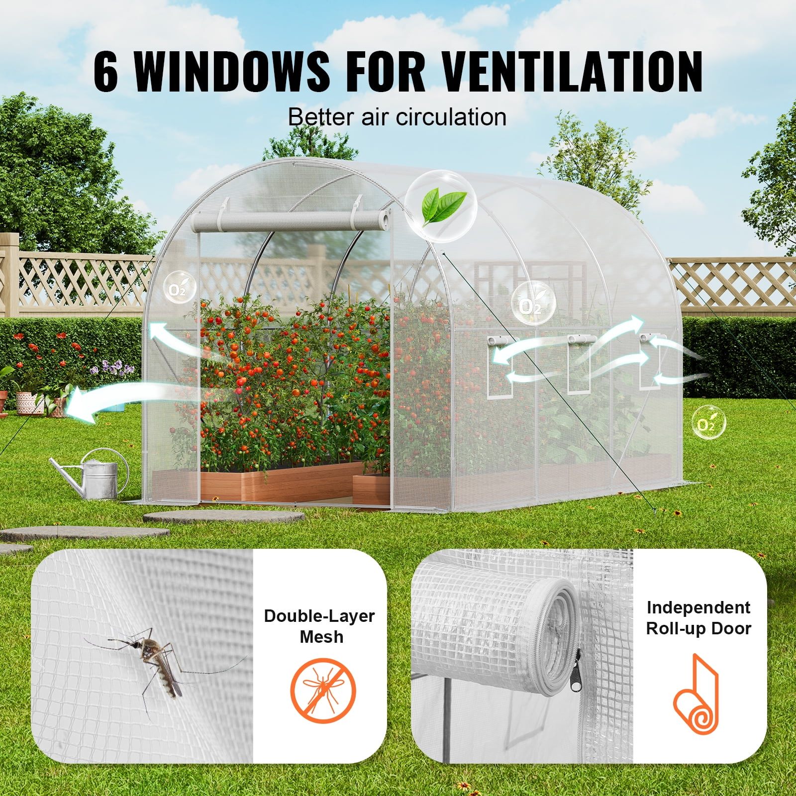 KFFKFF Walk-in Tunnel Greenhouse, 10x7x7 ft, Featuring a Durable Galvanized Steel Frame and White PE Covering, Equipped with a Roll-up Zipper Door and 6 Ventilation Windows