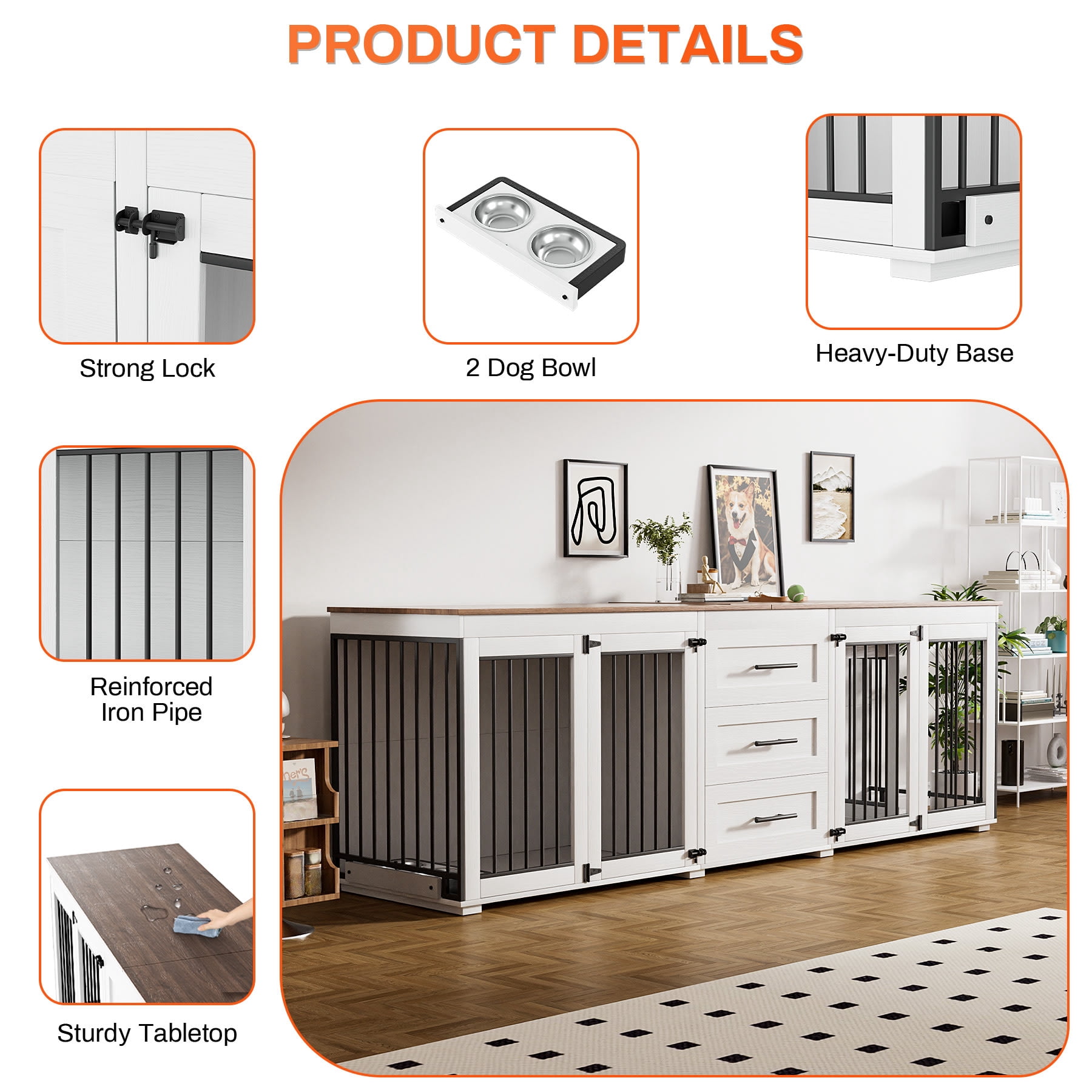 Wiilayok 94.5" Dog Crate Furniture for 2 Large Medium Dogs, Wooden Dog Kennel TV Stand with 3 Storage Drawers, 4 Bowls & Locks, White Indoor Dog House