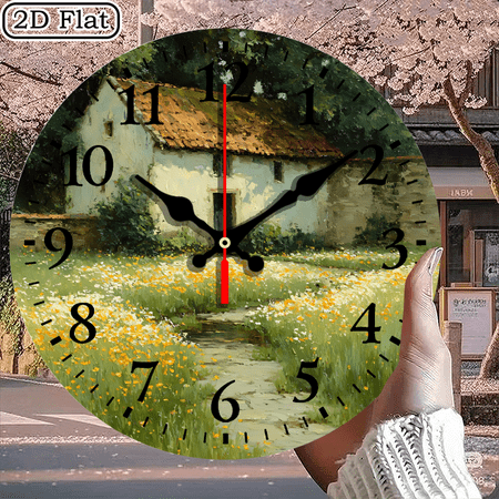 Rustic Countryside Cottage Wall Clock, Impressionist Oil Painting Style Floral Meadow Decor, Round 10x10 Inch, 1pc, Battery Not Included