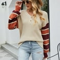 thumbnail image 2 of IROINNID Reduced Womens Sweater V-Neck Pullover Sweater Stripes Loose Mid-Length Long Sleeve Button Knit Sweater Fall/Winter Lantern Sweater, 2 of 9