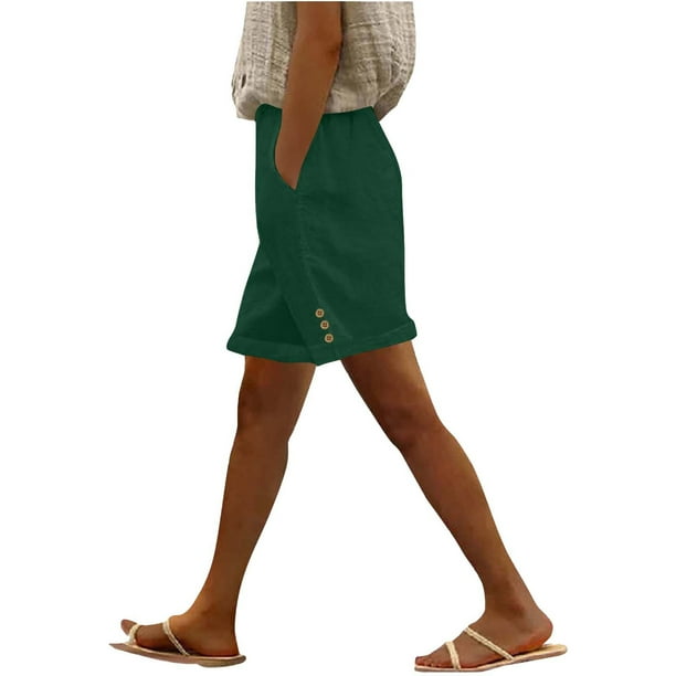 Pantalones de Algodón para las Mujeres Lino de Color Sólido de Verano de Ajuste Suelto, Bolsillos de Hendidura Lateral de Pierna Recta