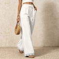 thumbnail image 5 of Women's Lightweight Lace Hem Beach Pants Ruffle Elastic Waist Wide Leg Palazzo Pants Textured Summer Pockets Casual Pants Fashion Bottoms White, 5 of 7