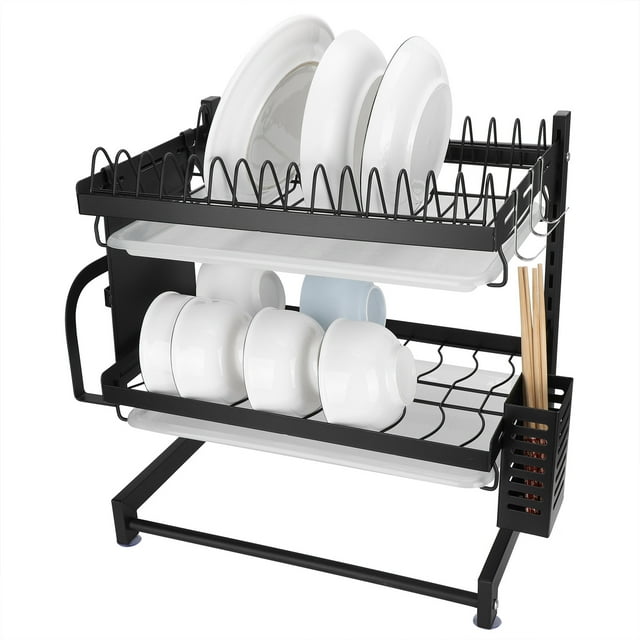 LAFGUR 2 Tier Stainless Steel Plate Dish Cutlery Drainer Drying Rack Drip Tray Holder