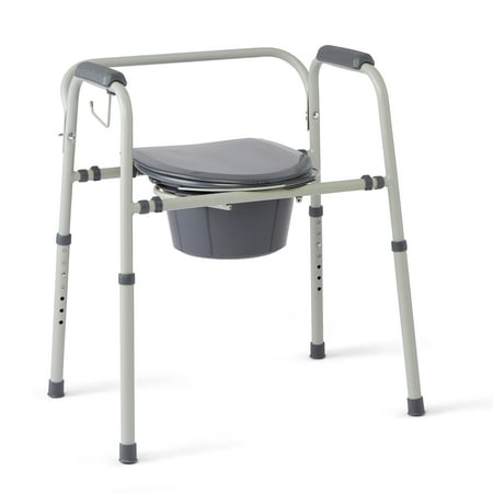 Medline Steel 3-in-1 Bedside Toilet Commode With Microban Antimicrobial, 350lb Weight Capacity, Gray Seat