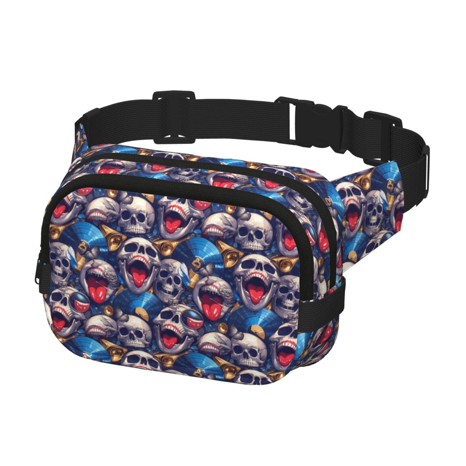 Picia rock Skull blue record Print Square Double-Layer Waist Bag Mini Adjustable Waist Belt Bag Exercise Running Travel Hiking