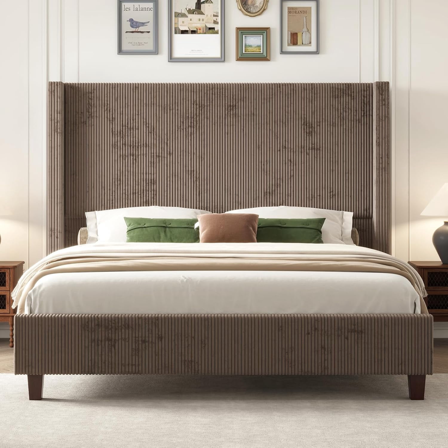 Amerlife King 61" Corduroy Upholstered Bed Frame with Wingback Headboard, Vertical Stripe, Brown