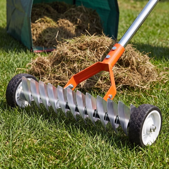 Beslands 15" Wheeled Dethatching Rake, Stainless Steel Head, 49" Adjustable Handle