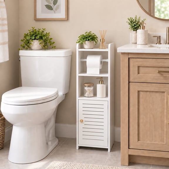 YOYTOO Toilet Paper Holder Stand, Small Bathroom Storage Cabinet with Roll Holder for Small Spaces, White