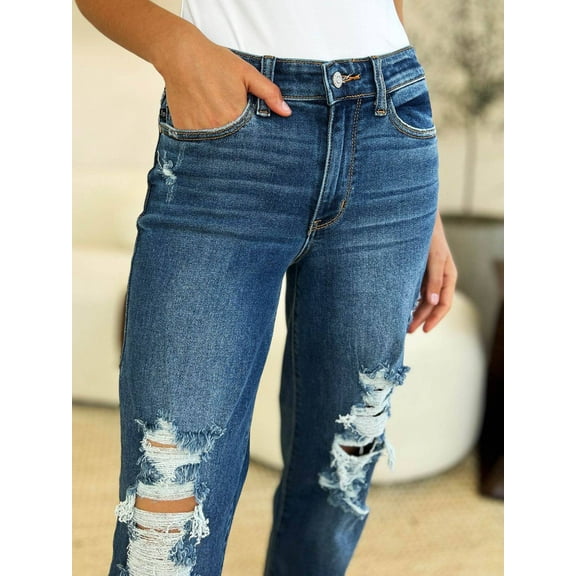 Judy Blue Full Size Mid Rise Distressed Raw Hem Jeans - Rosa Apparel