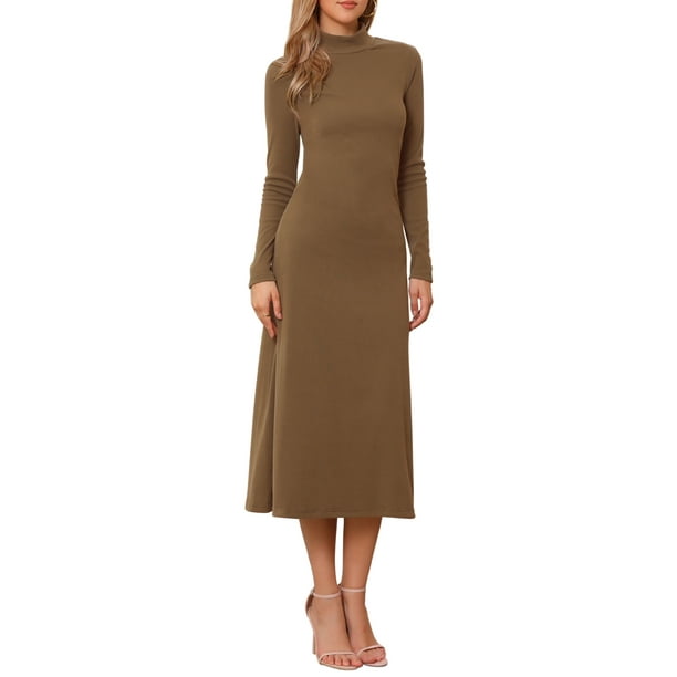 Vestido de suéter de cuello alto de manga larga para mujer Inspire Chic, maxi de punto acanalado elástico y fluido, talla XS, marrón oscuro