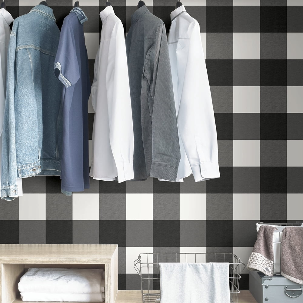 NuWallpaper Charcoal Farmhouse Plaid Vinyl Peel And Stick Wallpaper, 216-in by 20.5-in, 30.75 sq. ft.