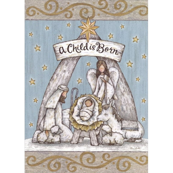 LPG Greetings A Child is Born Manger Scene on Light Blue Religious Christmas Card (1 card/1 envelope)