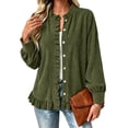 thumbnail image 2 of Cmtiyu Fashion Jackets for Women Long Sleeve Round Neck Button Down Green Corduroy Jacket with Ruffled Hem Casual Fall Outerwear Jacket S-3XL, 2 of 7