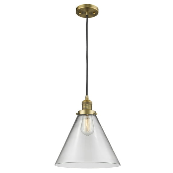 Innovations Lighting 201C-BB-G42-L X-Large Cone-One Light Cord Mini Pendant-12 Inches Wide by 14 Inches High Clear Brushed Brass Finish