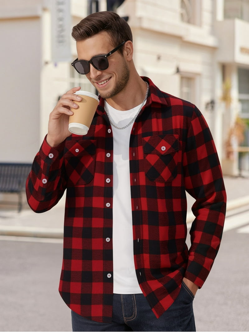 chinese dress ladies Men's Big & Tall Westport Black Long Sleeve Spread Collar Box Print Plaid Sport Shirt Red Multi / 3XB main image 1