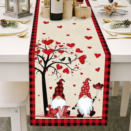

CHOMOEN Valentine s Day Table Runner Cotton Linen Love Heart Gnome Tables Cloth