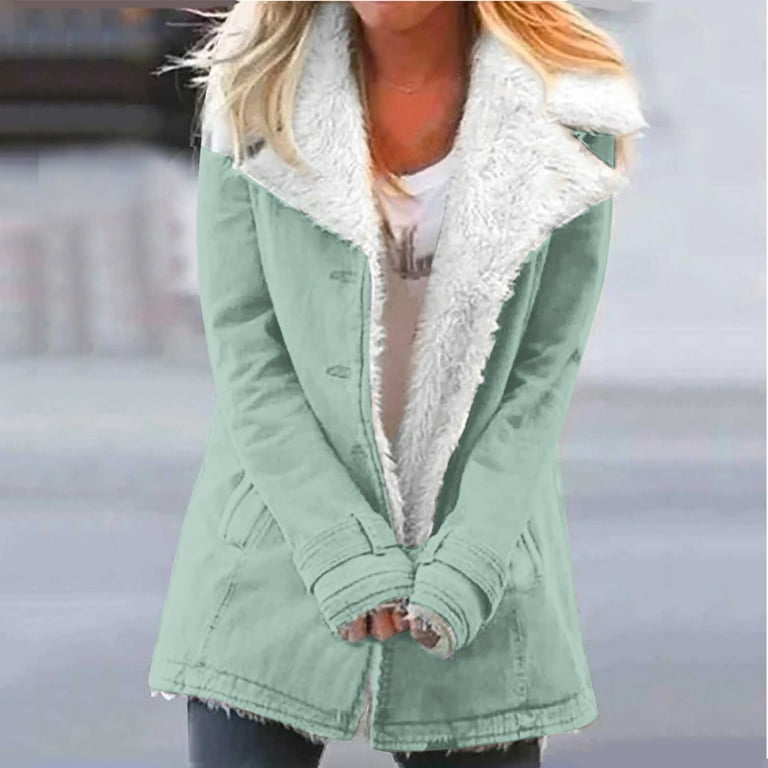 Fanxing Juniors Winter Coats Fashion Fleece Thicken Pea Coat for Teen Girls Warm Plush Sherpa Lined Parkas Jacket Coats with Pockets Mint Green L Walmart