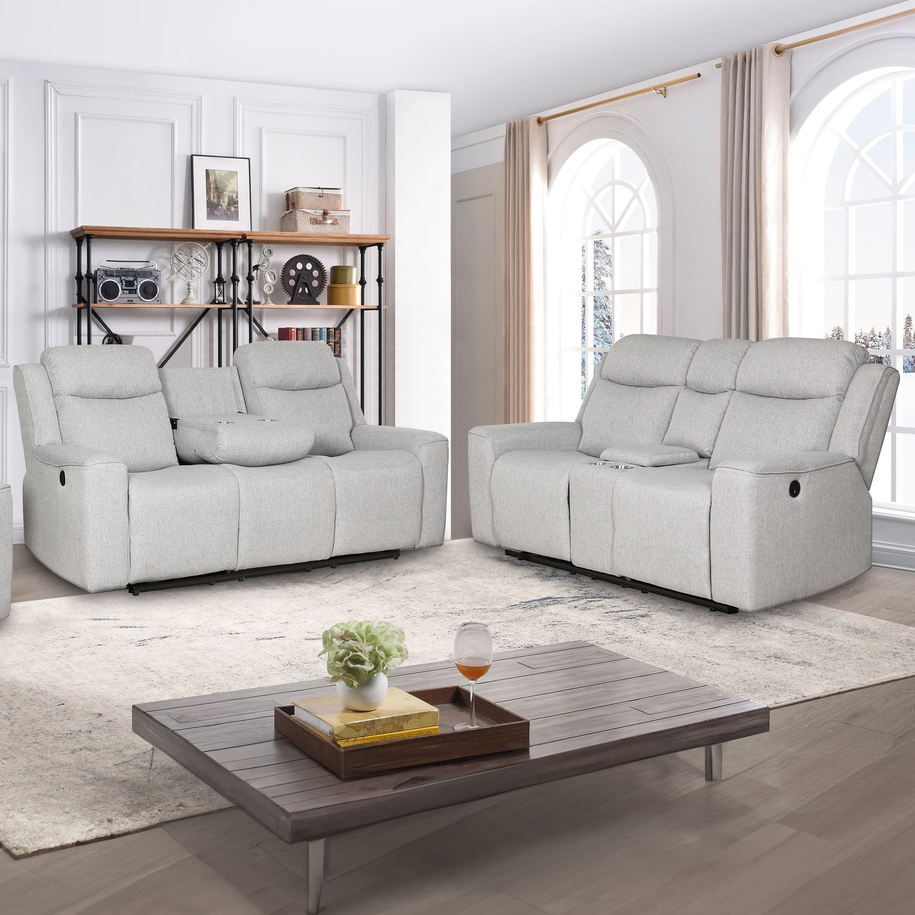 Amelia Collection Contemporary 2-Piece Upholstered Living Room Set, Dropdown Console Sofa and Loveseat with Storage Console and Cup Holders, White
