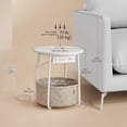 thumbnail image 2 of Nordic Hygge 17.7 in. Round Side Table with Charging Station and Storage Basket, Matte White/Camel Brown, 2 of 9