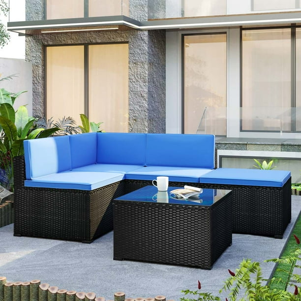 Yofe Wicker Outdoor Dining Set For Backyard Deck Patio Furniture Sets With 4 Seats 5 Pcs Black Rattan Conversation Single Sofas Corner Sofa Ottoman Coffee Table Blue Cushions D2668 Yofe Wicker Outdoor Dining Set For, Oakville Outdoor Patio Furniture