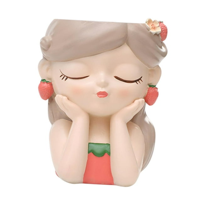 Maceta de Resina Strade Fareast Limited Pequeña con Forma de Niña de Dibujos Animados Gris Rojo