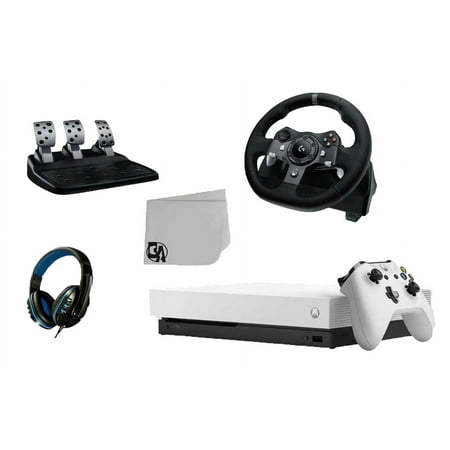 Microsoft Xbox One X 1TB Gaming Console White with Logitech G920 Steering Wheel BOLT AXTION Bundle Used