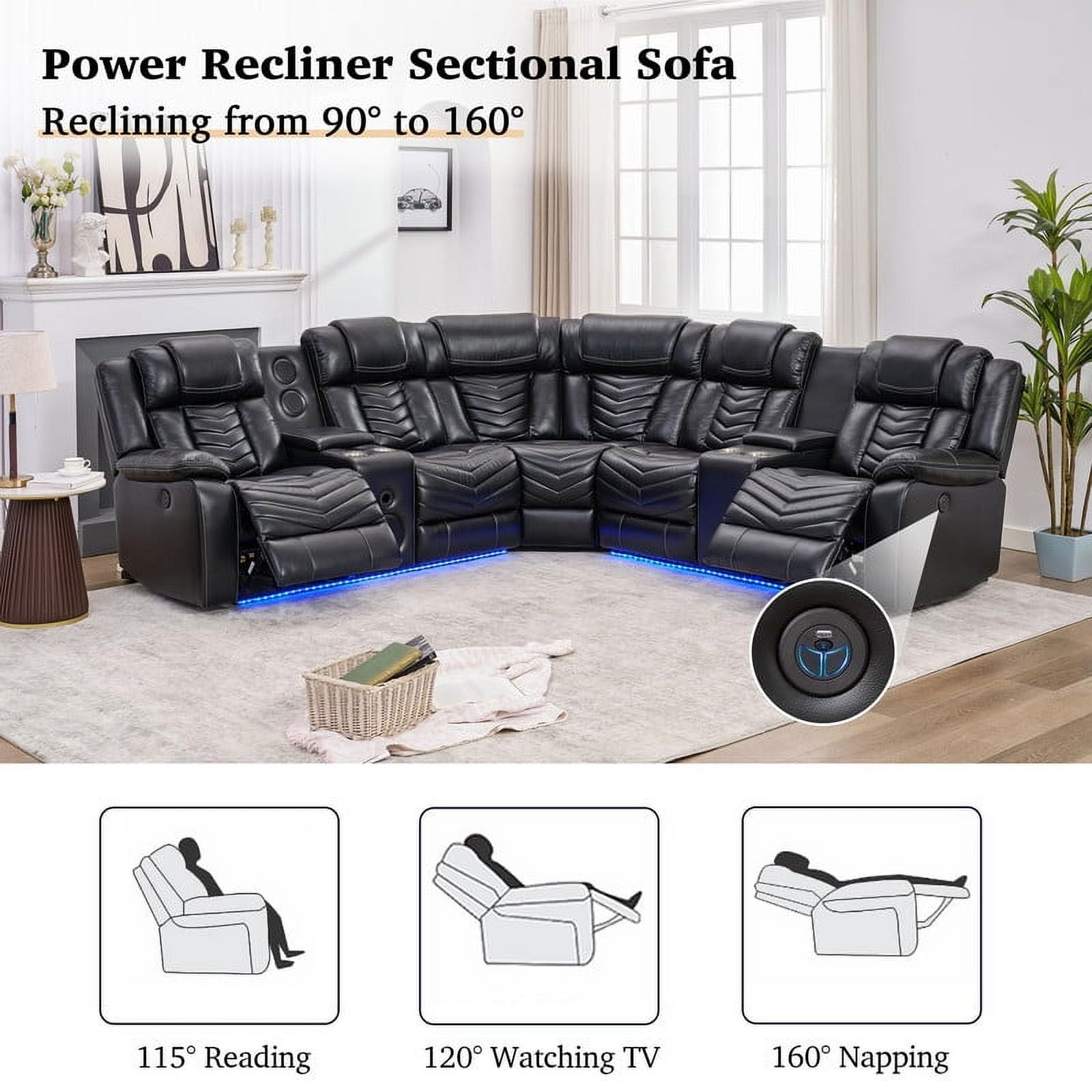 Power Reclining Sectional Sofa with Bluetooth Speakers,USB Ports,LED Lights,Cup Holders,Storage Console,Faux Leather Electric Corner L-Shaped Recliner Couch,5 Seater for Living Room Black