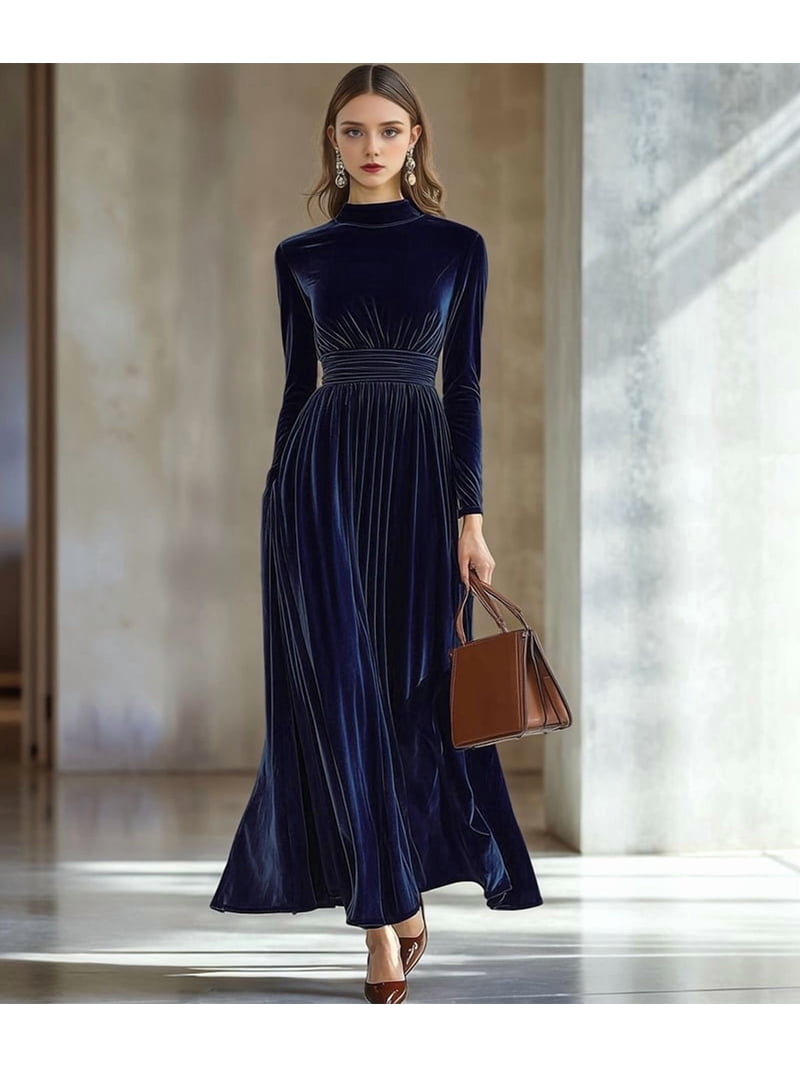 flowy velvet dress Velvet Dress for Women High Neck Long Sleeve Elegant Flowy Maxi Wedding  Party Formal Gown Evening Dress Caramel Color M