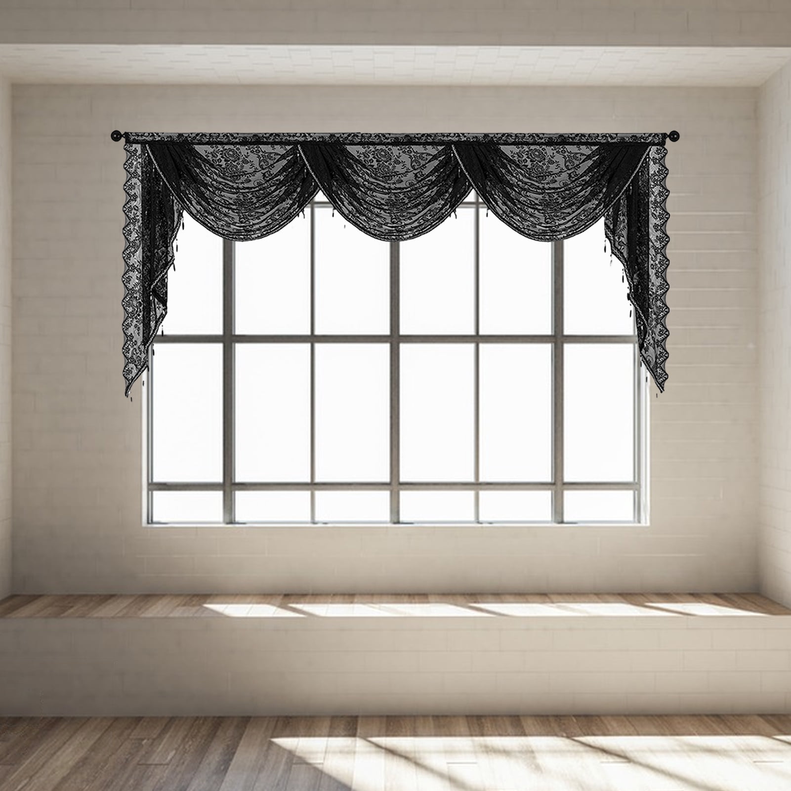 Yesbay Black Beaded Lace Waterfall Valance Lightweight Breathable Easy Installation Luxurious Small Window Semi Sheer Swag Waterfall Valance