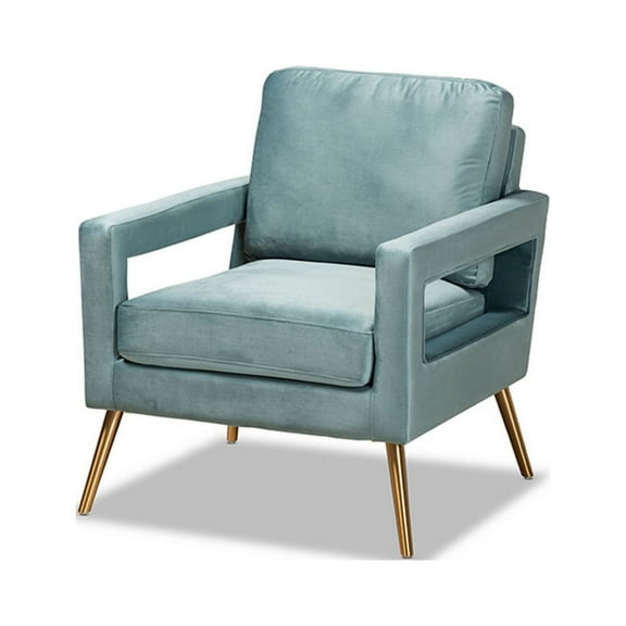 Baxton Studio Leland Glam and Luxe Light Blue Velvet Fabric Upholstered and Gold Finished Armchair