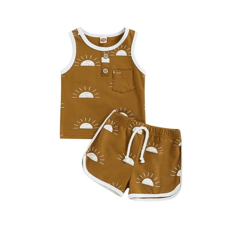 

ZIYIXIN Summer Infant Baby Boys Clothes Sun Printed Sleeveless Pocket Vest Tops Shorts Sets Brown 18-24 Months