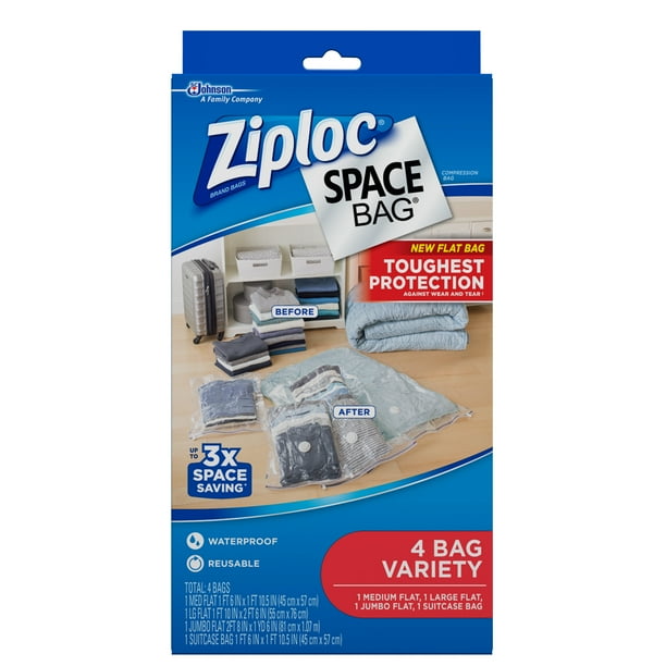 Ziploc Space Bag, 4 Flat Bags 1M, 1L, 1 Jumbo, 1 Suitcase