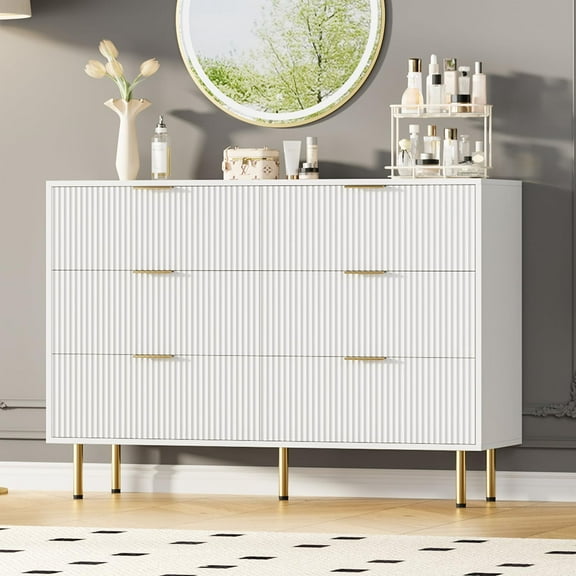 Soonbuy Fluted Wood Dresser 6 Drawers Dresser for Bedroom, Large Modern Chest of Drawers,Dresser with Gold Handle, Wood Drawer Organizer for Bedroom, Living Room, Hallway, Entryway