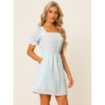 thumbnail image 2 of Vestido Floral Por Encima De La Rodilla Con Cintura Elástica Y Cuello Cuadrado Con Mangas Abullonadas Para Mujer Azul Claro L, 2 of 6