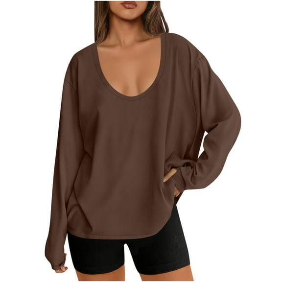 Byworldtasic Trendy Oversized Tshirts for Women Workout Plus Size Gym Tops Round Neck Long Sleeve T Shirts Spring Casual Basic Tees