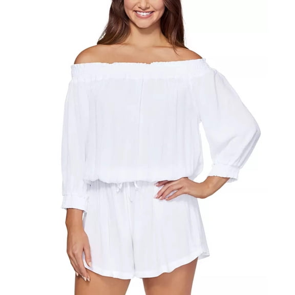 Juniors' West Coast Off-The-Shoulder Romper Cover-Up White S