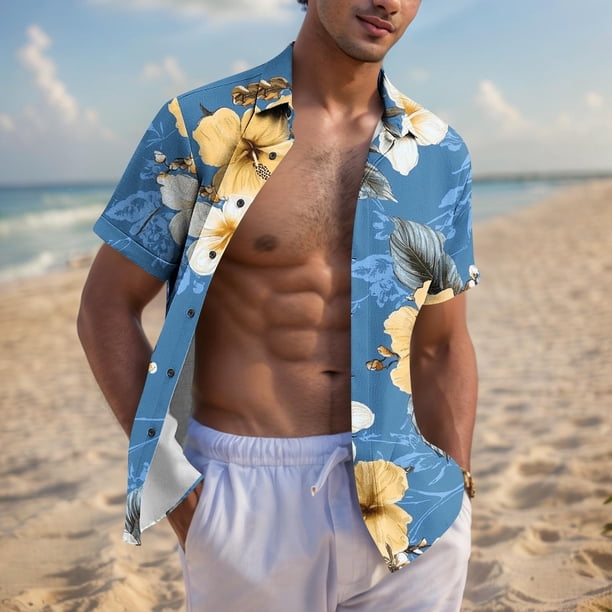Blusa y camisa de manga corta con cuello vuelto para hombre, blusa informal de moda con cuello vuelto, blusa estampada de manga corta con botones, blusa de poliéster para hombre