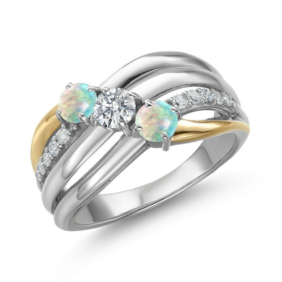 Gem Stone King 925 Silver and 10K Yellow Gold Simulated White Opal and Lab Grown Diamond Engagement Ring for Women | 0.92 Cttw | Round Cabochon 4MM | October Birthstone | Size 5