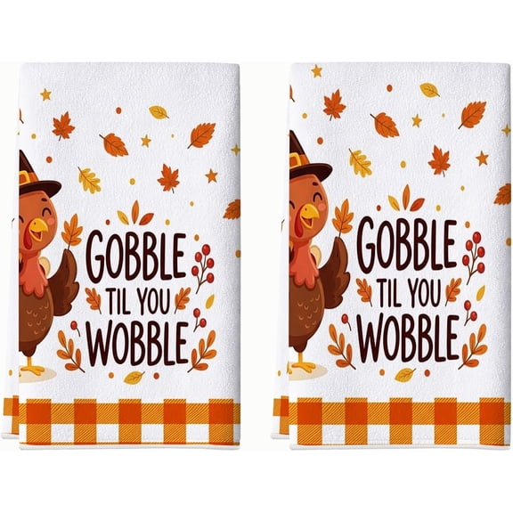 Turkey Kitchen Towels Set of 2, Seasonal Fanciful Leaves Berries Thanksgiving White Drying Reusable Dish Towels for Kitchen Dish Drying Hand Wiping Cooking 18x26 Inch